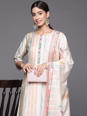 Cream Stripe Printed Placket Embroidered Straight Kurta Paired With Contrast Bottom And Floral Printed Dupatta